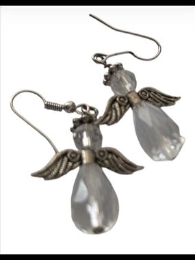 Silver-Tone Angel Wing Drop Earrings with Clear Crystal - Women Jewelry